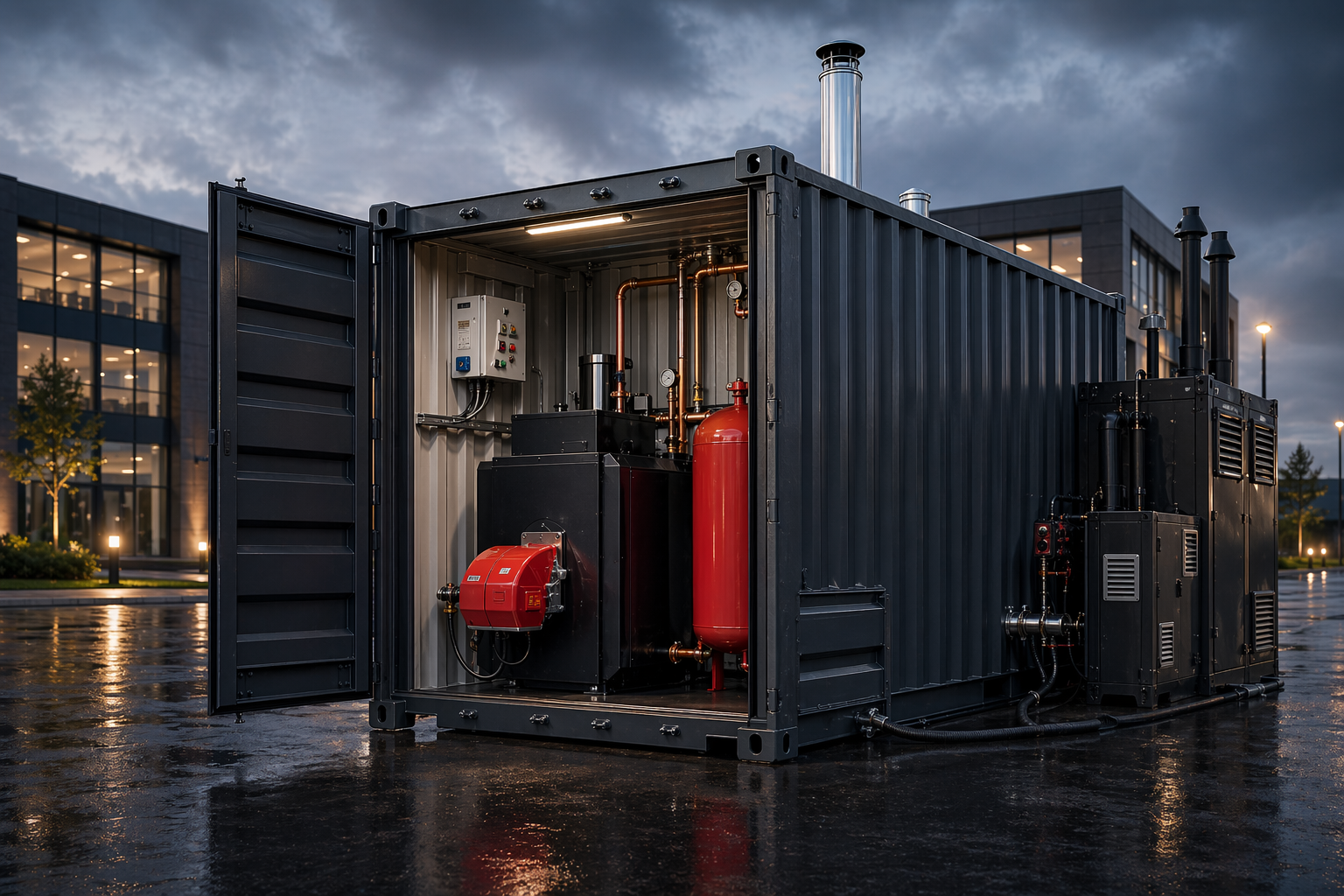 100kW containerised boiler hire unit for temporary heating